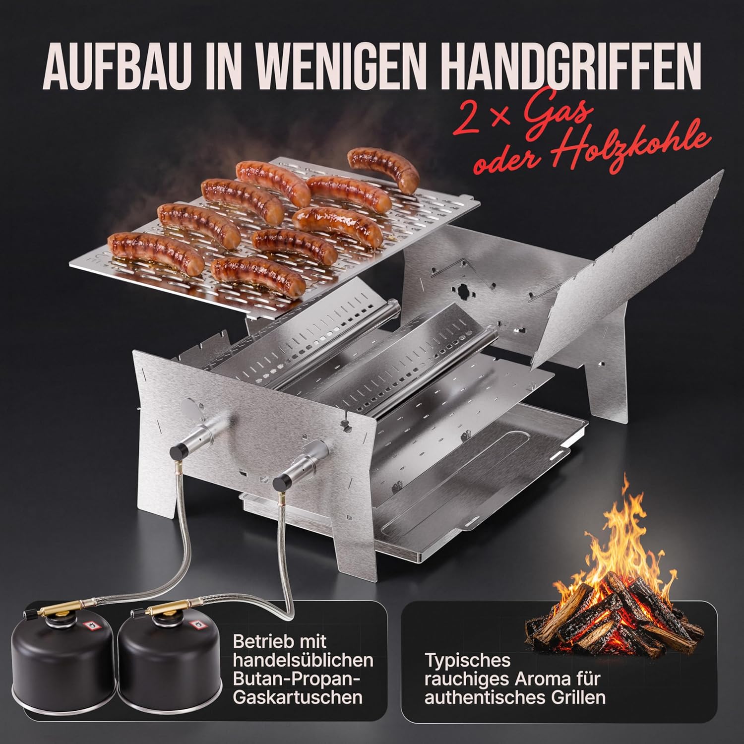 OVICUE Grill XL | Mobiler Gas- & Holzkohlegrill aus Edelstahl