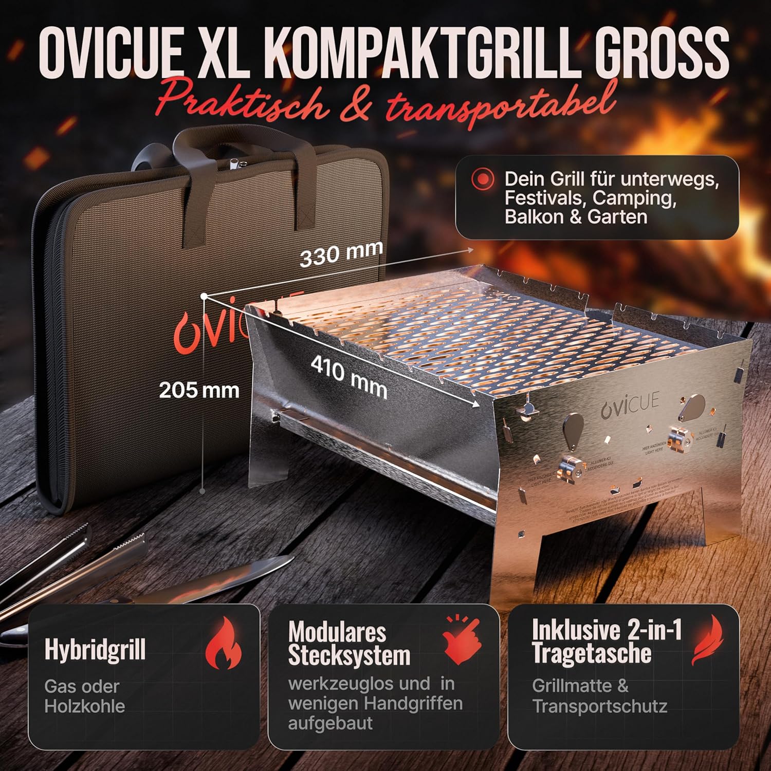 OVICUE Grill XL | Mobiler Gas- & Holzkohlegrill aus Edelstahl