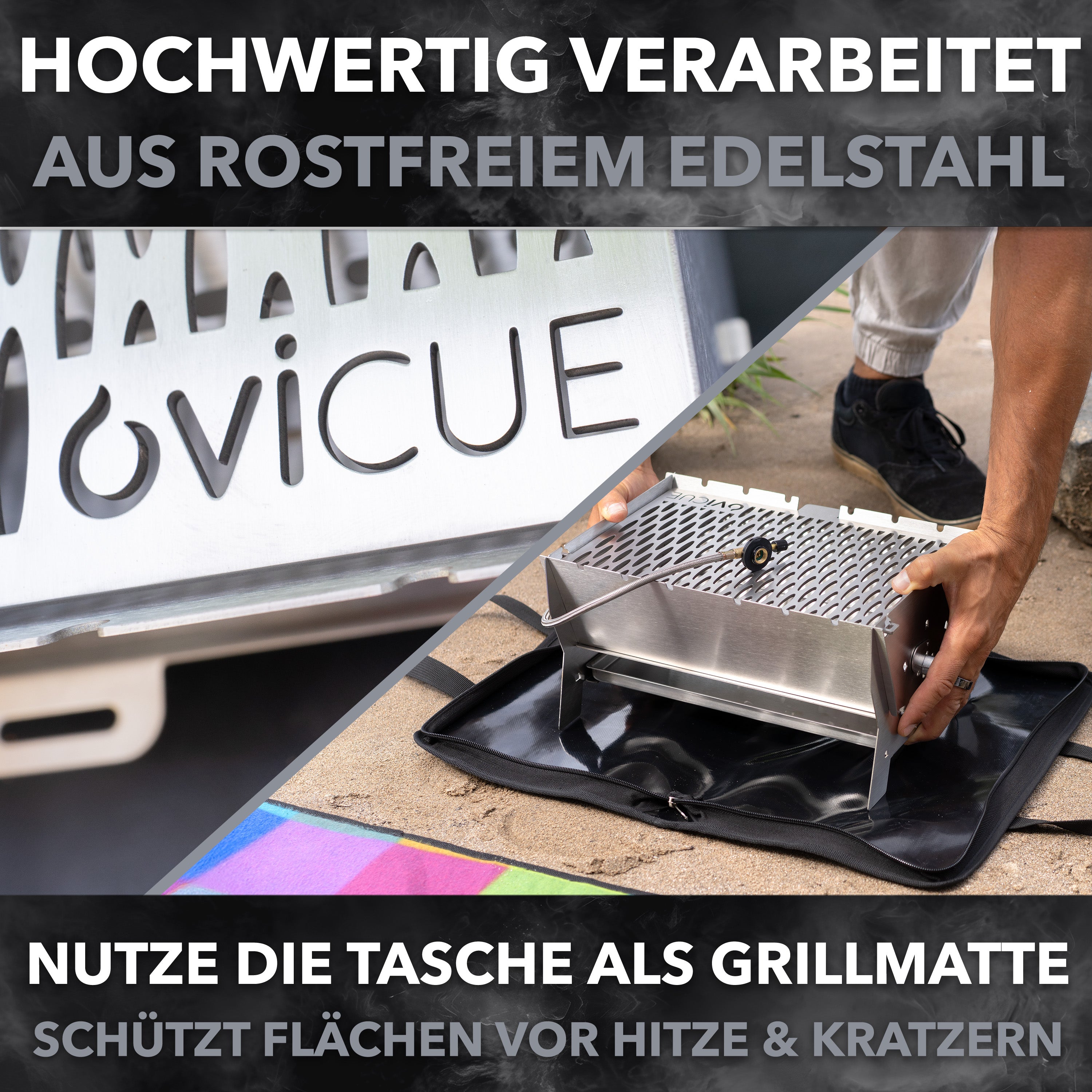 OVICUE Grill | Mobiler Gas- & Holzkohlegrill aus Edelstahl