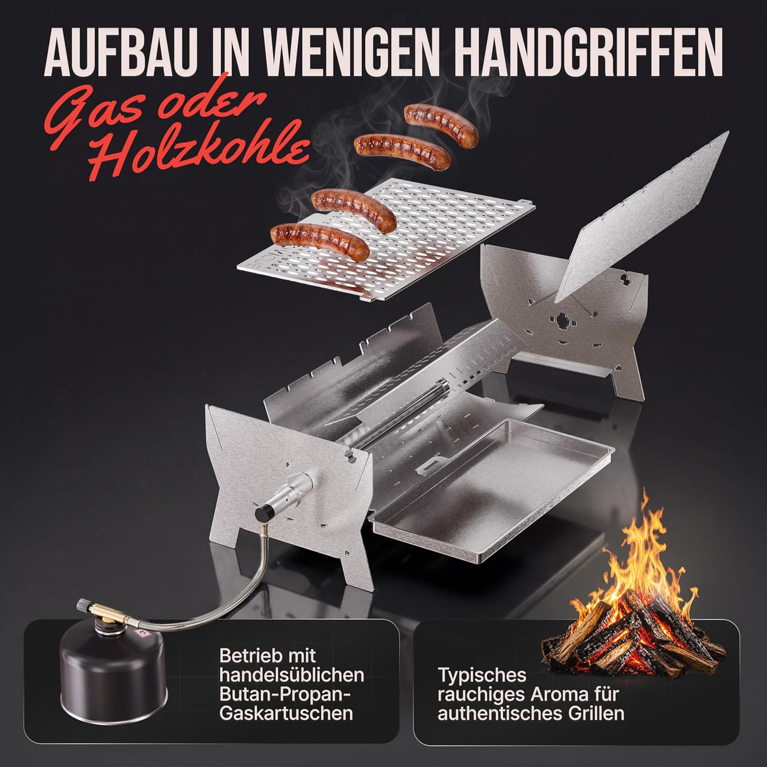 OVICUE Grill L | Mobiler Gas- & Holzkohlegrill aus Edelstahl