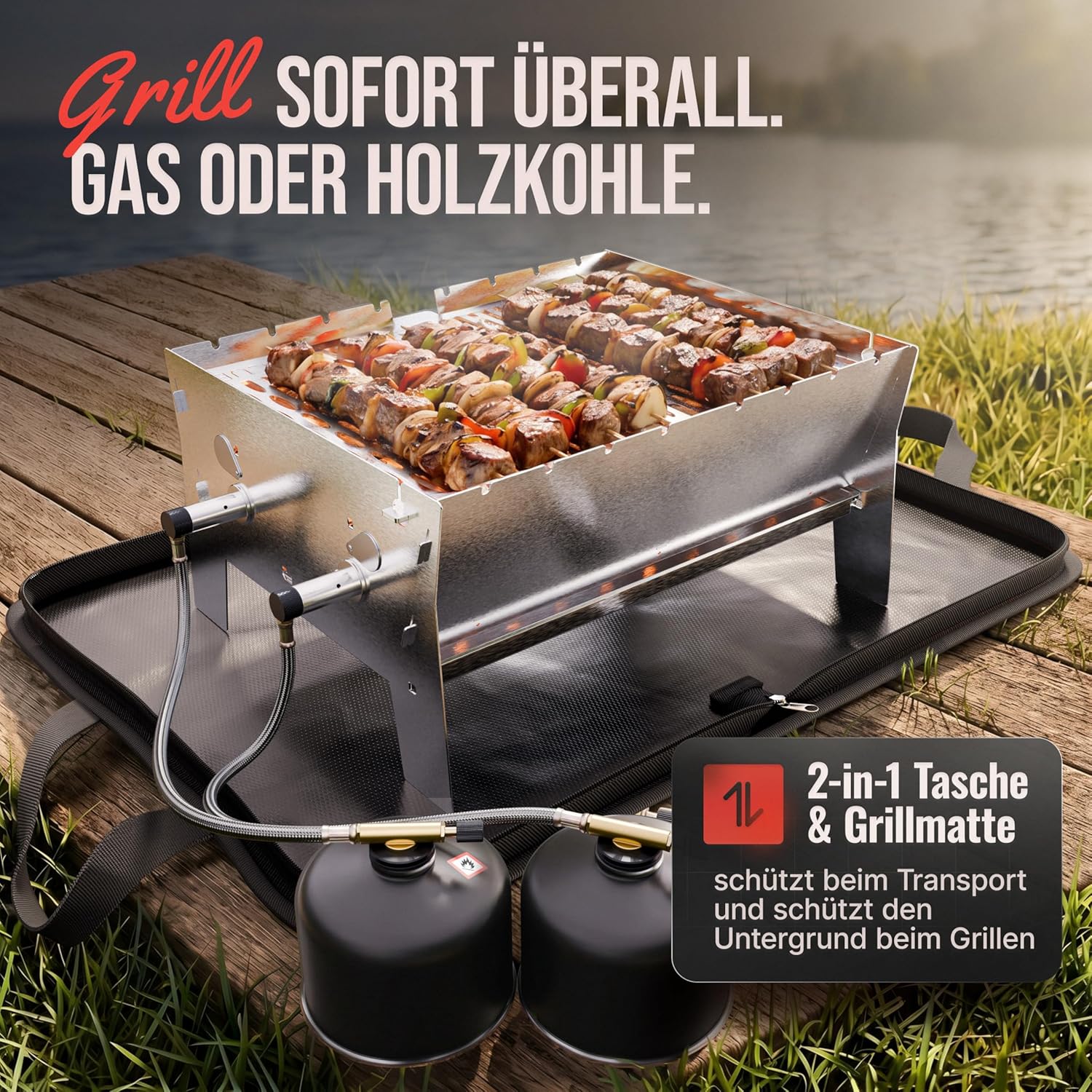 OVICUE Grill XL | Mobiler Gas- & Holzkohlegrill aus Edelstahl
