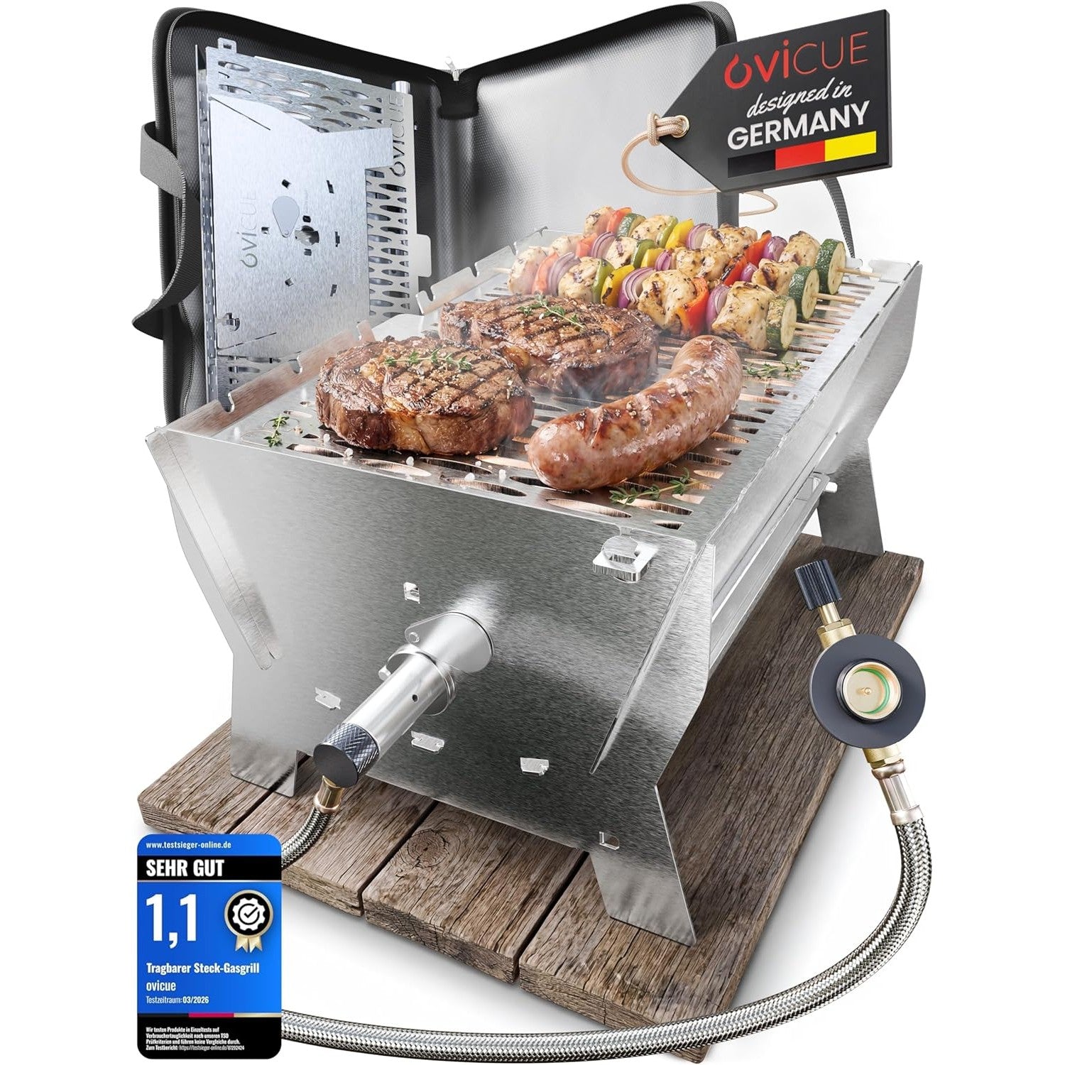 OVICUE Grill L | Mobiler Gas- & Holzkohlegrill aus Edelstahl