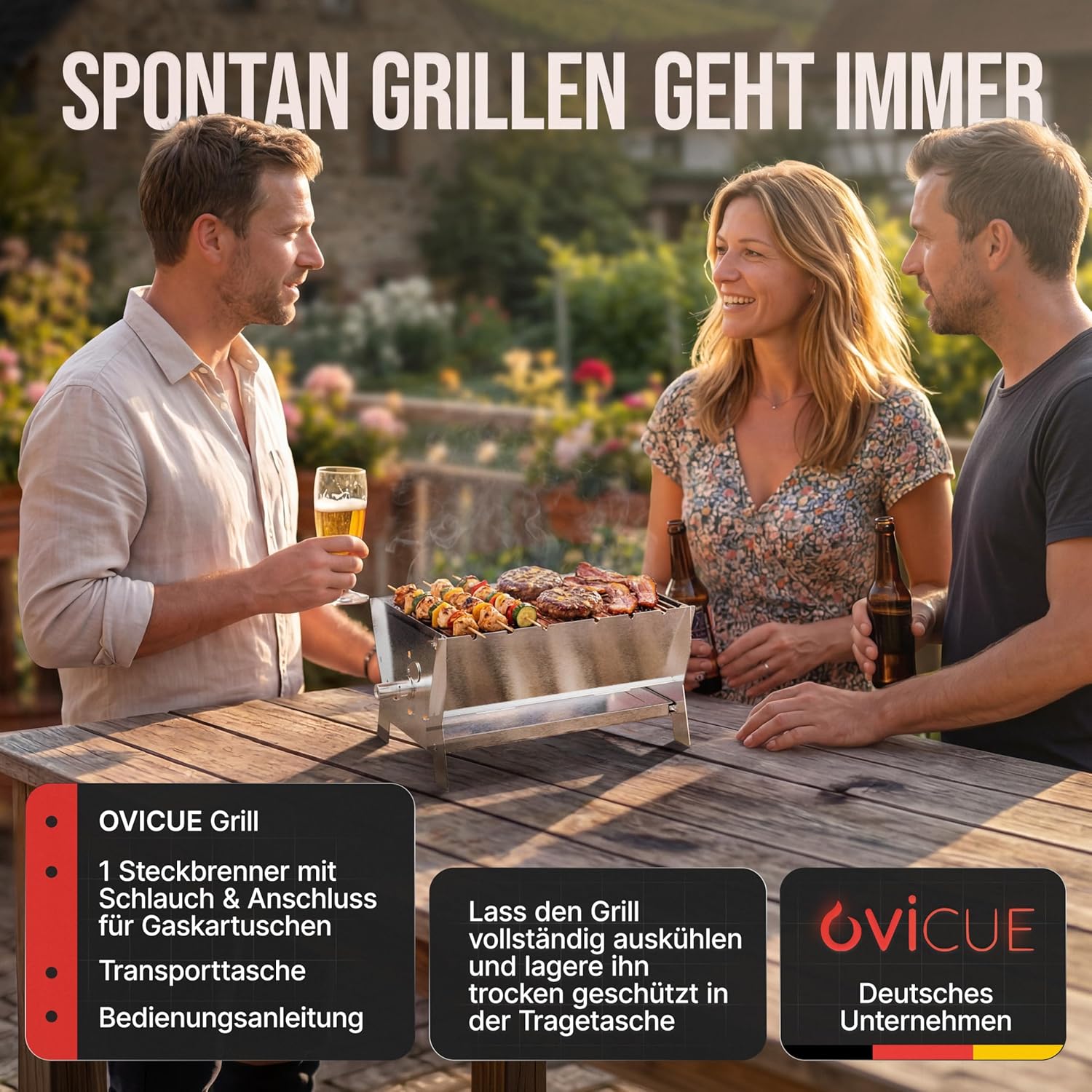 OVICUE Grill L | Mobiler Gas- & Holzkohlegrill aus Edelstahl